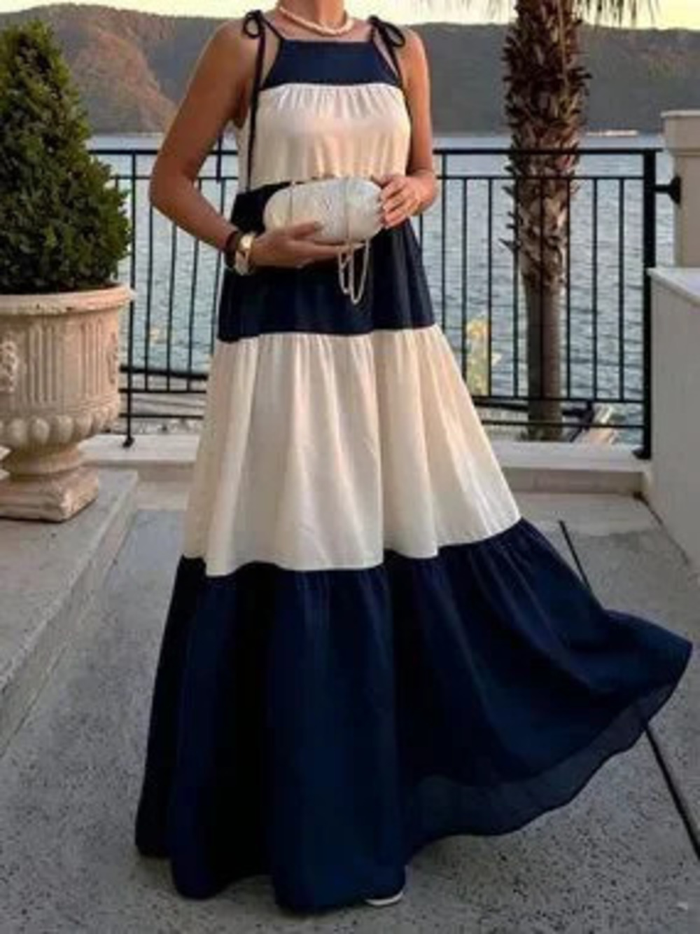 ZARA Navy Blue Casual Women's Color Block Patchwork Elegant Dress